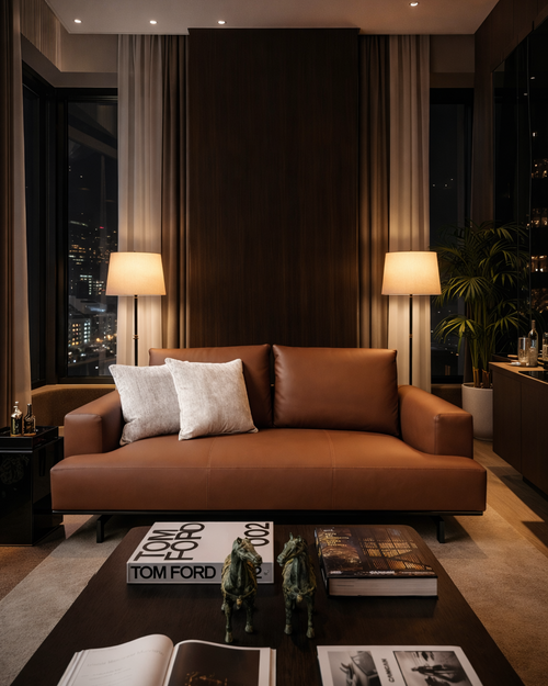 Modern living room with brown sofa, coffee table, and cityscape view.