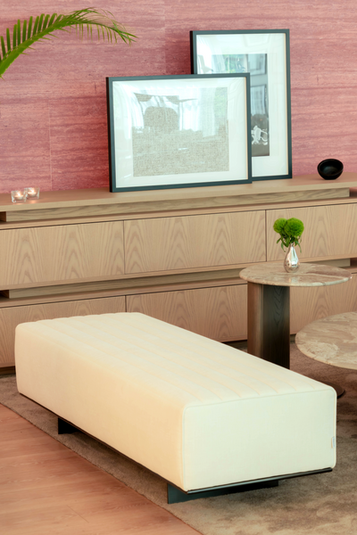 Allonge Ottoman – Ivory White Fabric with Titanium Stainless Steel Base