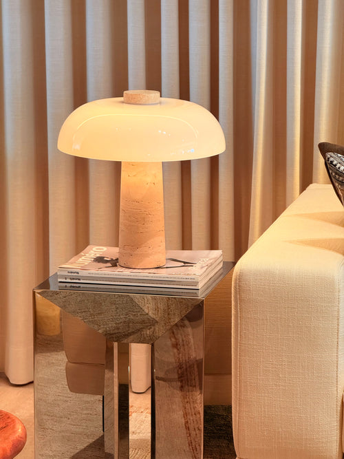 Amiris Table Light – Italian Travertine + Frosted Glass