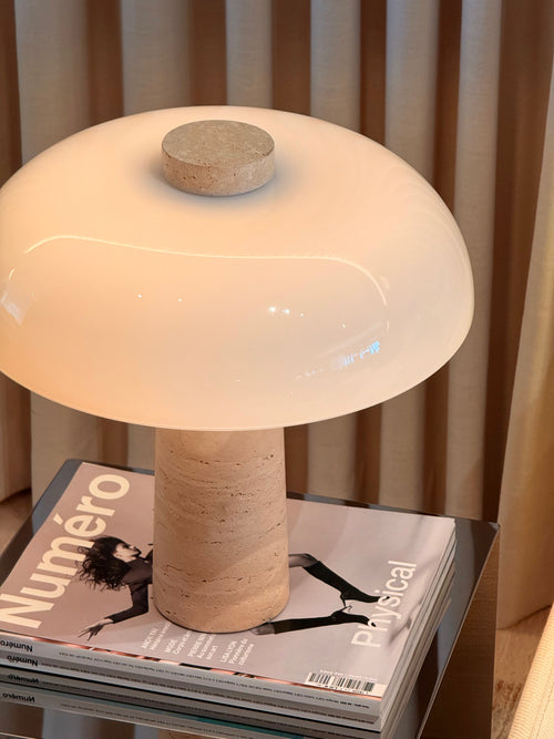 Amiris Table Light – Italian Travertine + Frosted Glass