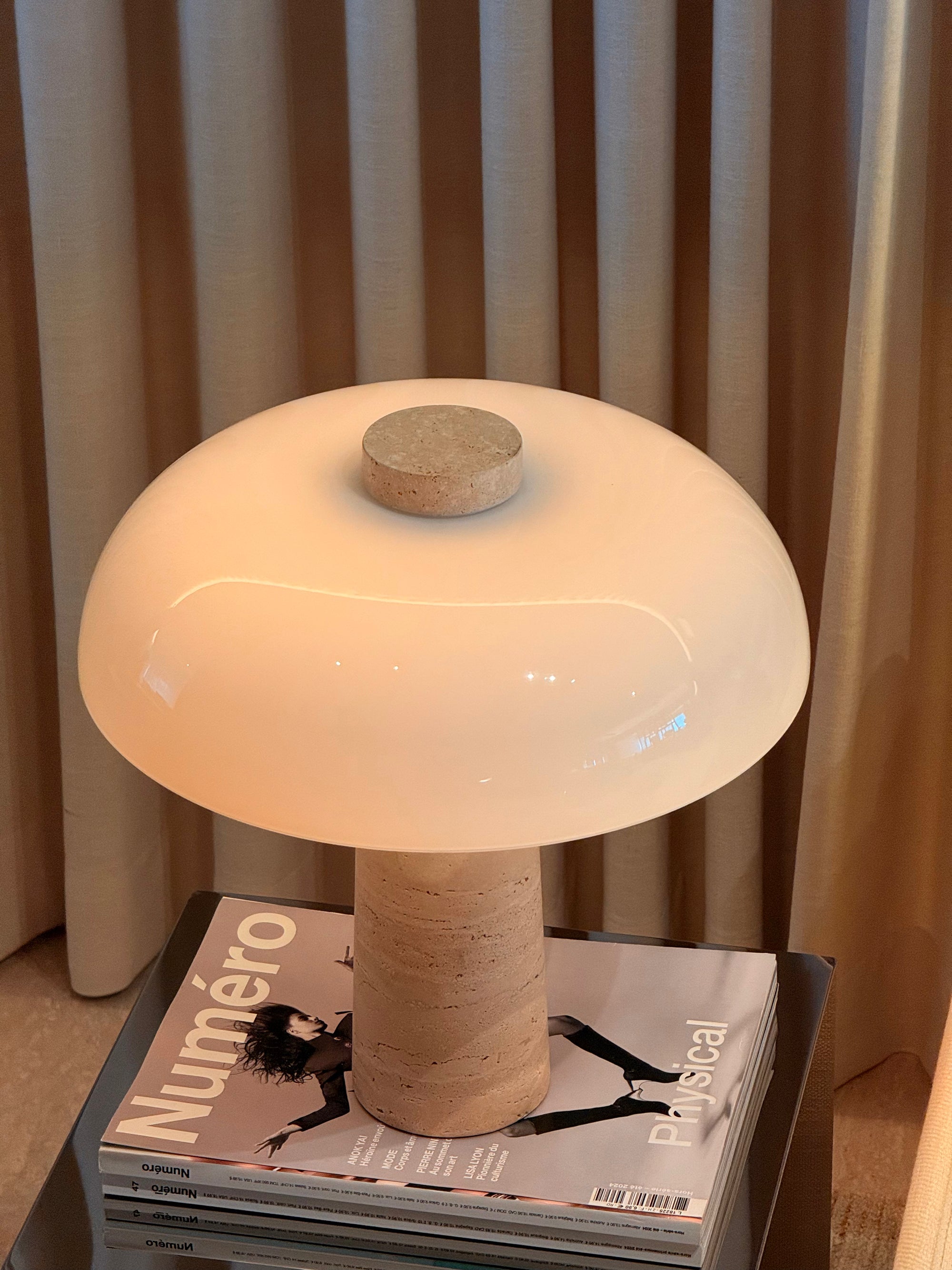 Amiris Table Light – Italian Travertine + Frosted Glass