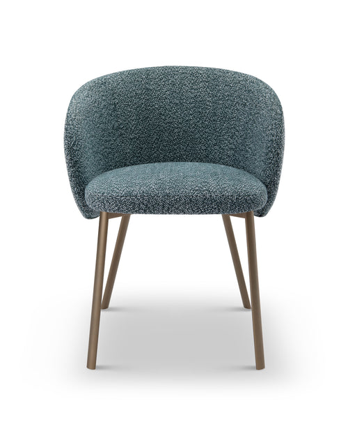 Blue textured chair with wooden legs on a white background