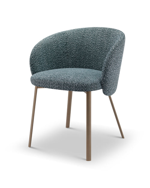 Blue textured chair with wooden legs on a white background