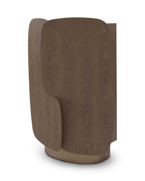 A modern curved wooden side table or end table with a dark brown wood grain finish and a light beige circular base, shown on a plain white background.