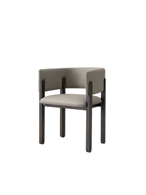 Brent Dining Chair in grey leather with dark solid ash wood frame, angled view.