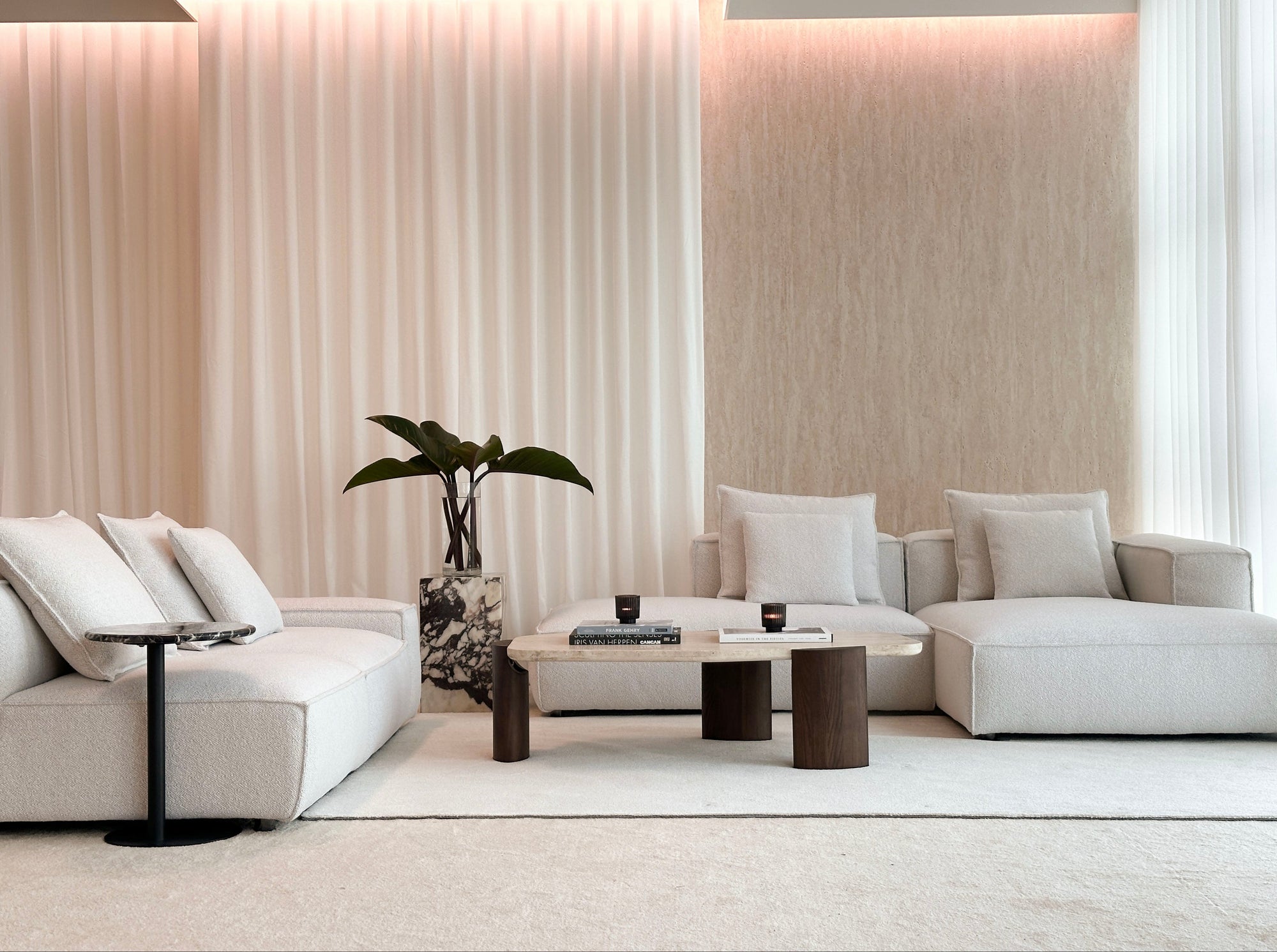 Modern living room with neutral color sofa