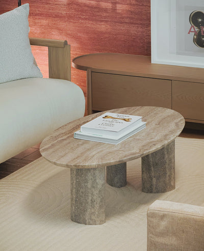 [NEW] Clint Oval Travertine Coffee Table - Silver Travertine