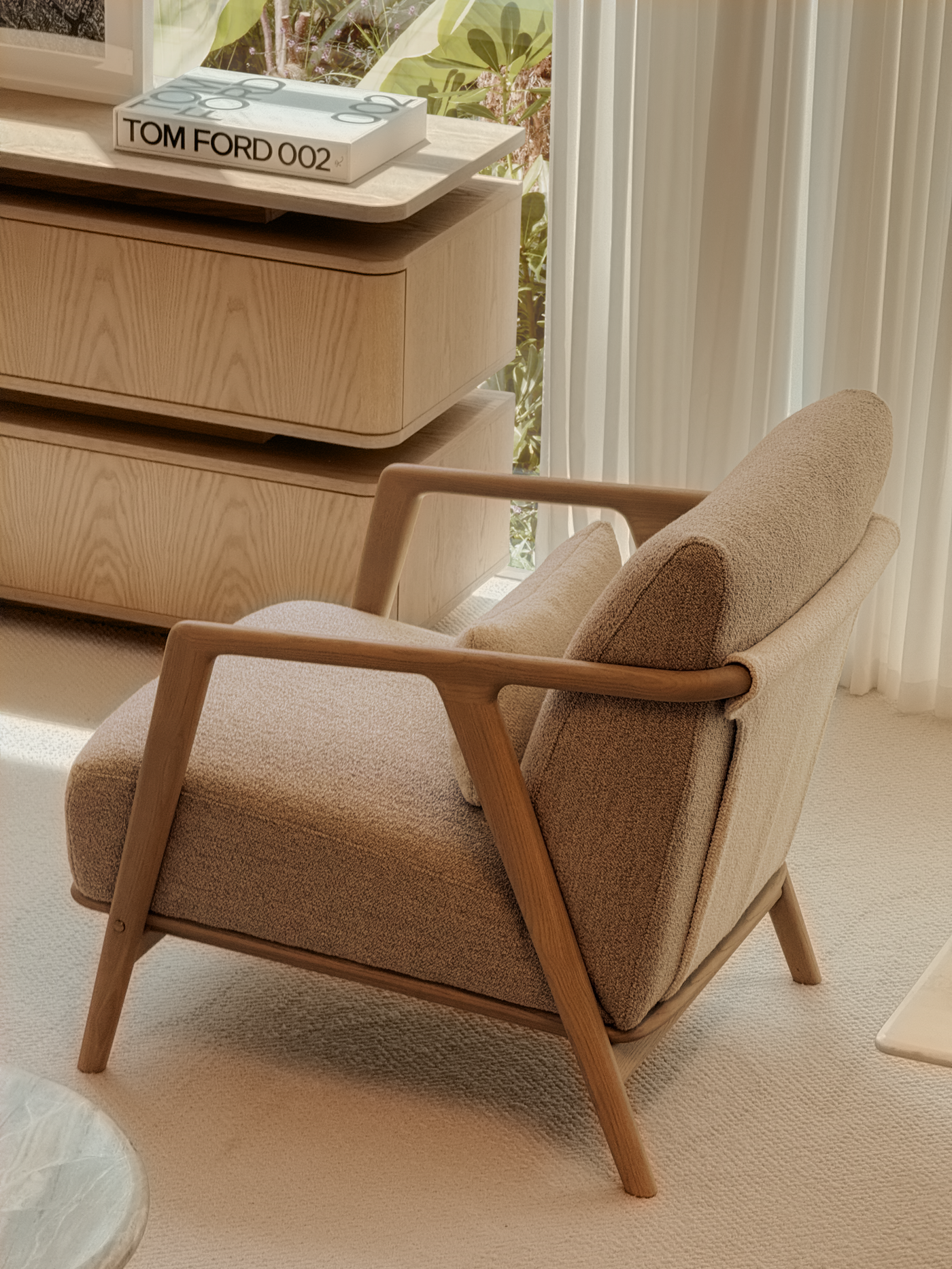 Connor Lounge Chair – Refined Comfort in Sculpted Wood (Whitewash Frame)