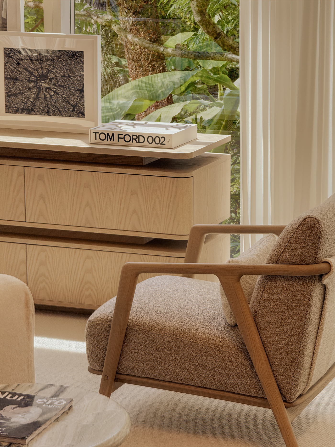 Connor Lounge Chair – Refined Comfort in Sculpted Wood (Whitewash Frame)