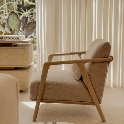 Connor Lounge Chair – Refined Comfort in Sculpted Wood (Whitewash Frame)
