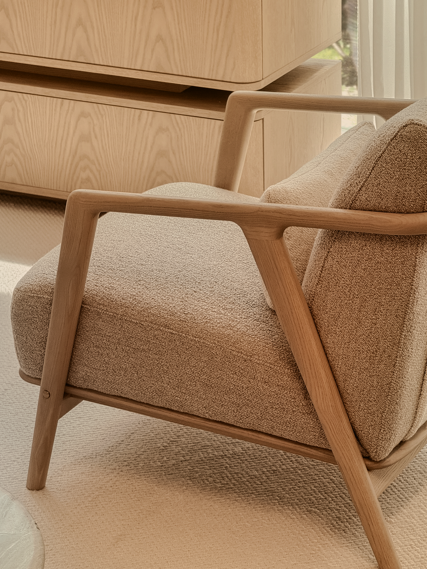 Connor Lounge Chair – Refined Comfort in Sculpted Wood (Whitewash Frame)