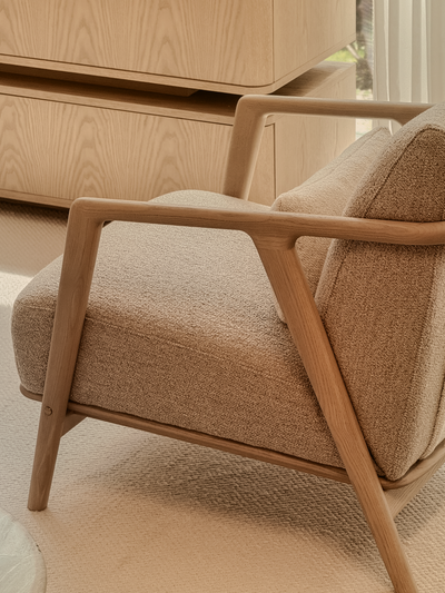 Connor Lounge Chair – Refined Comfort in Sculpted Wood (Whitewash Frame)