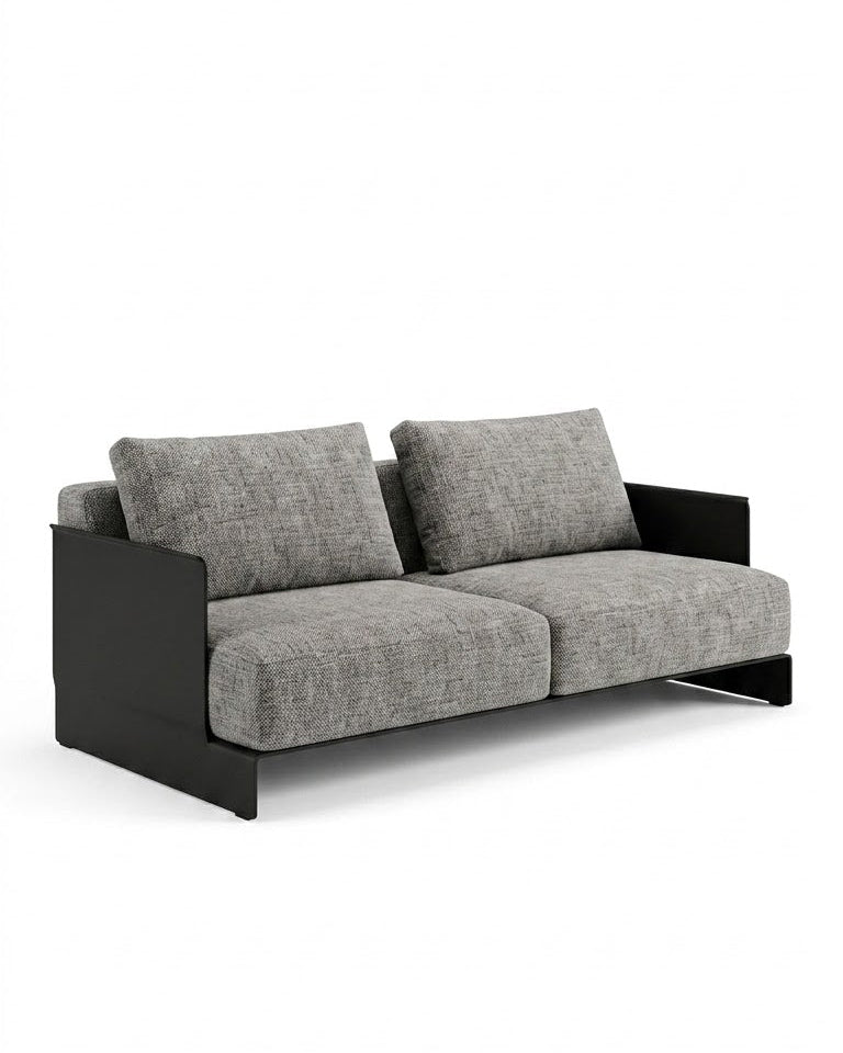 A modern two-seater sofa with textured gray fabric cushions and a sleek black frame, shown from a three-quarter angle on a solid white background.