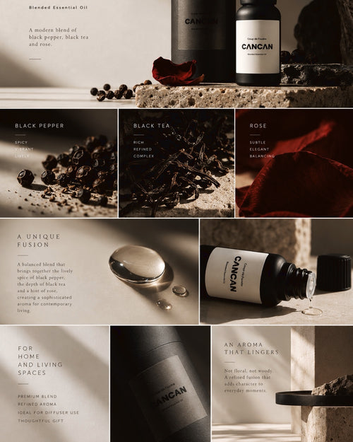 A collage of warm-toned product photos for a tea blend brand called CANCAN, showing bottles, loose tea leaves, rose petals, and text panels describing flavors such as black pepper, black tea, and rose.