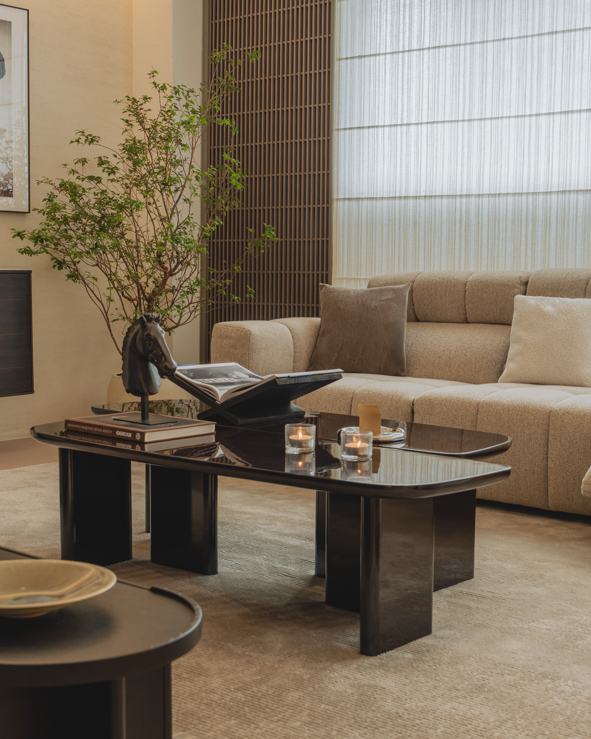 Modern living room with a beige sofa, dark wooden coffee table, and decorative elements.