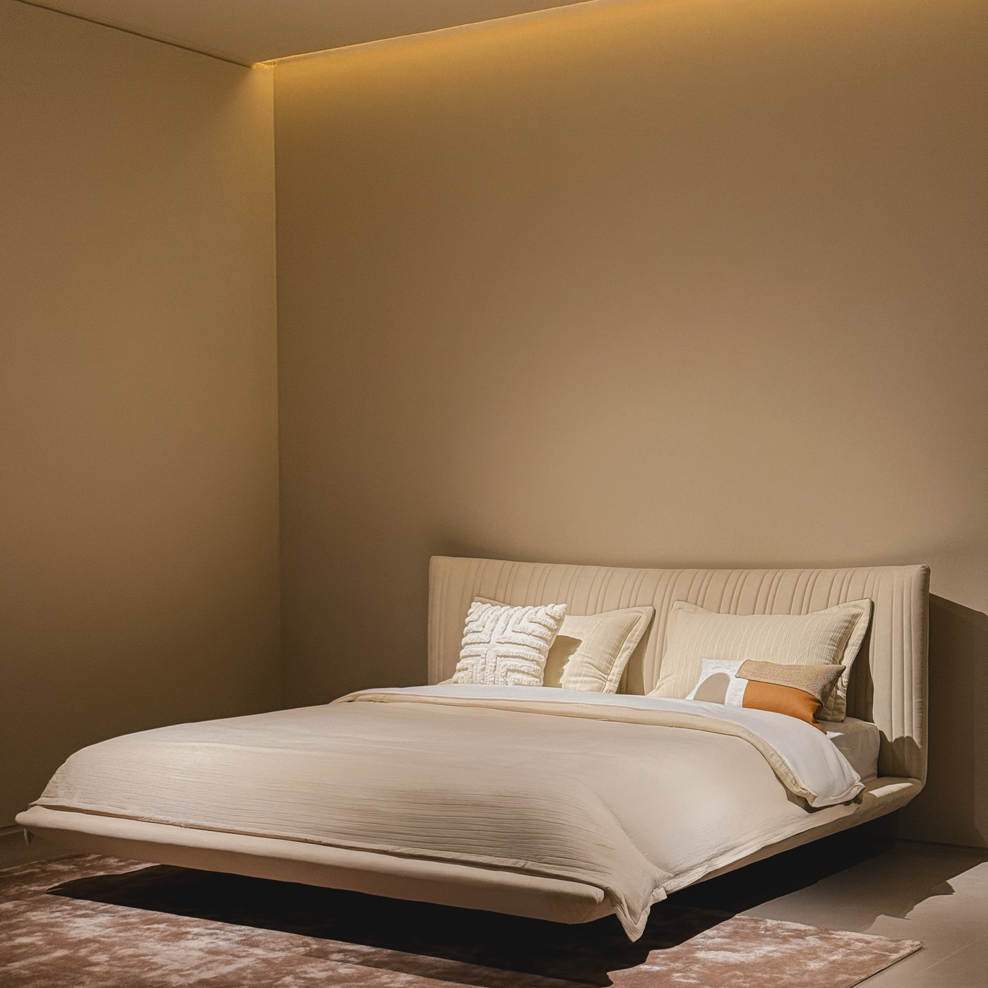 Fenton Floating Bed Frame in Ivory White Fabric – Queen Size