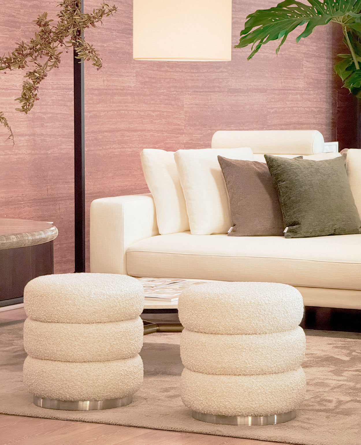 [NEW] Ferris Pouf – Champagne Bouclé Pouf with Brushed Steel Base