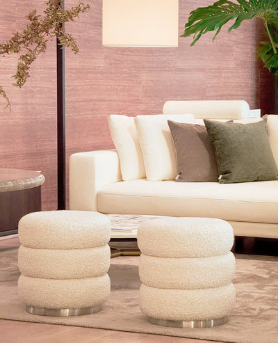 [NEW] Ferris Pouf – Champagne Bouclé Pouf with Brushed Steel Base