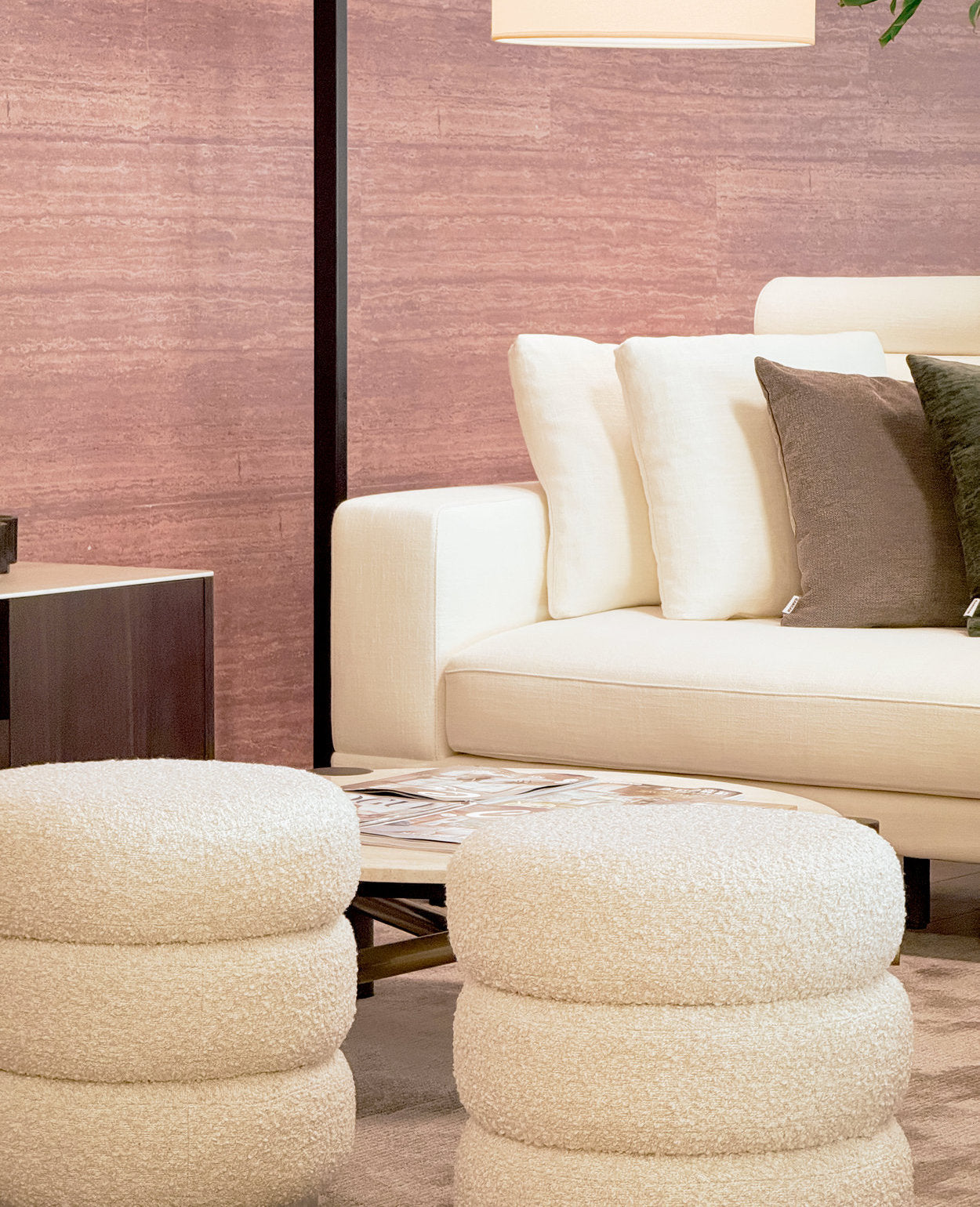 [NEW] Ferris Pouf – Champagne Bouclé Pouf with Brushed Steel Base