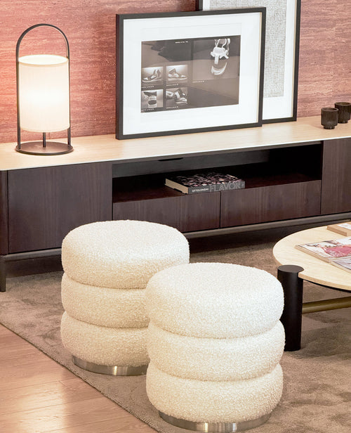 Ferris Pouf – Champagne Bouclé Pouf with Brushed Steel Base