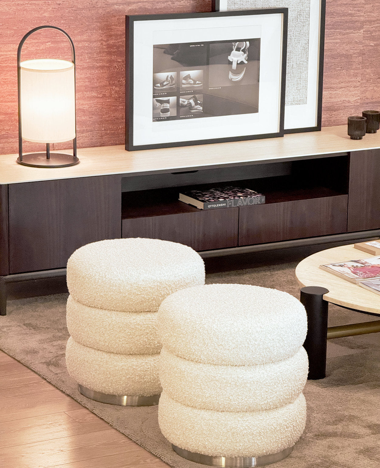 [NEW] Ferris Pouf – Champagne Bouclé Pouf with Brushed Steel Base