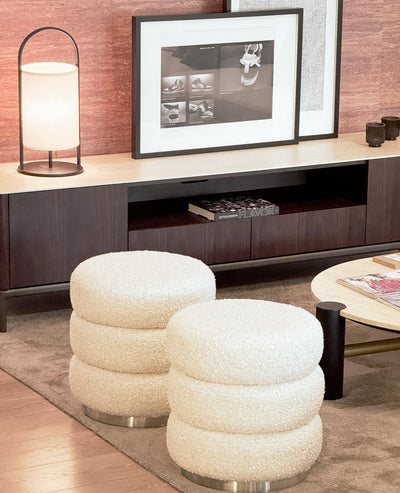 [NEW] Ferris Pouf – Champagne Bouclé Pouf with Brushed Steel Base