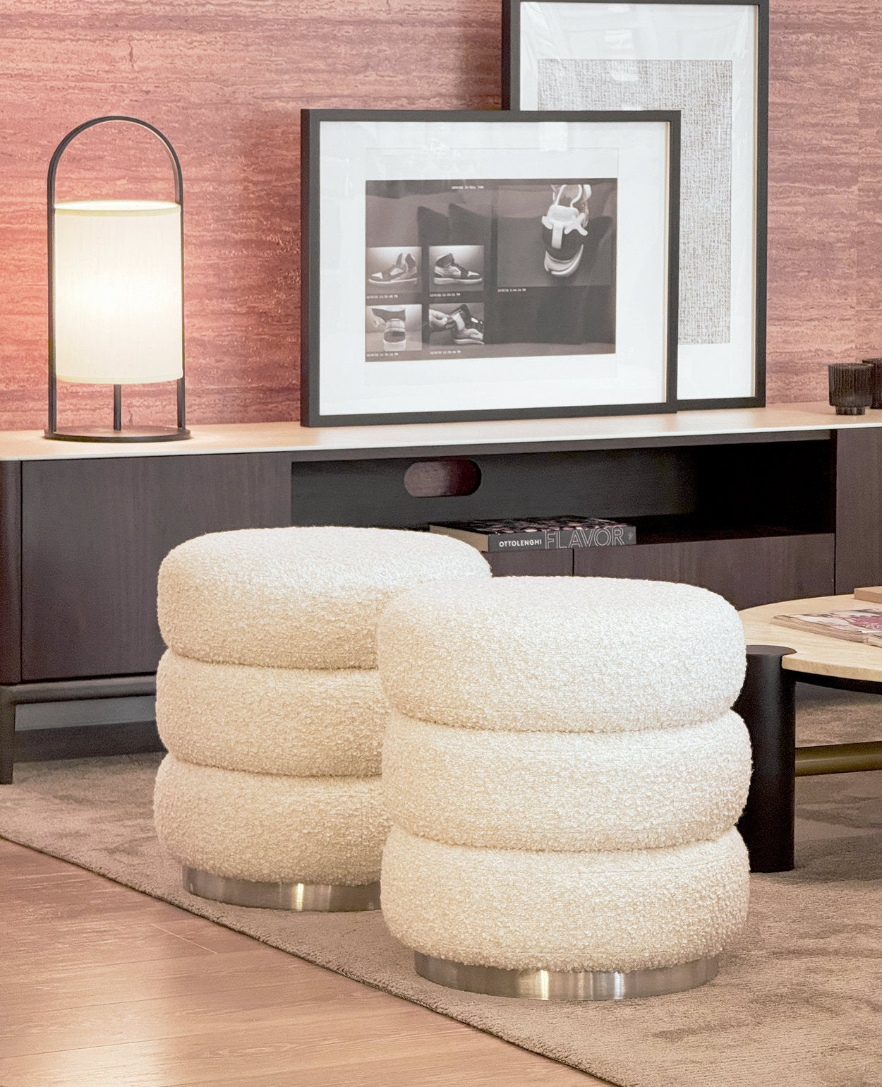 [NEW] Ferris Pouf – Champagne Bouclé Pouf with Brushed Steel Base