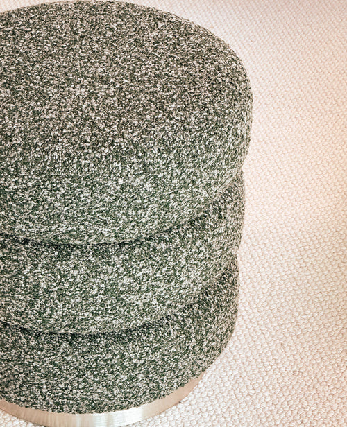 Ferris Pouf – Rainforest Green Bouclé with Brushed Steel Base