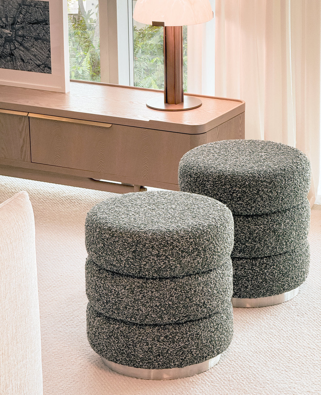 [NEW] Ferris Pouf – Rainforest Green Bouclé with Brushed Steel Base