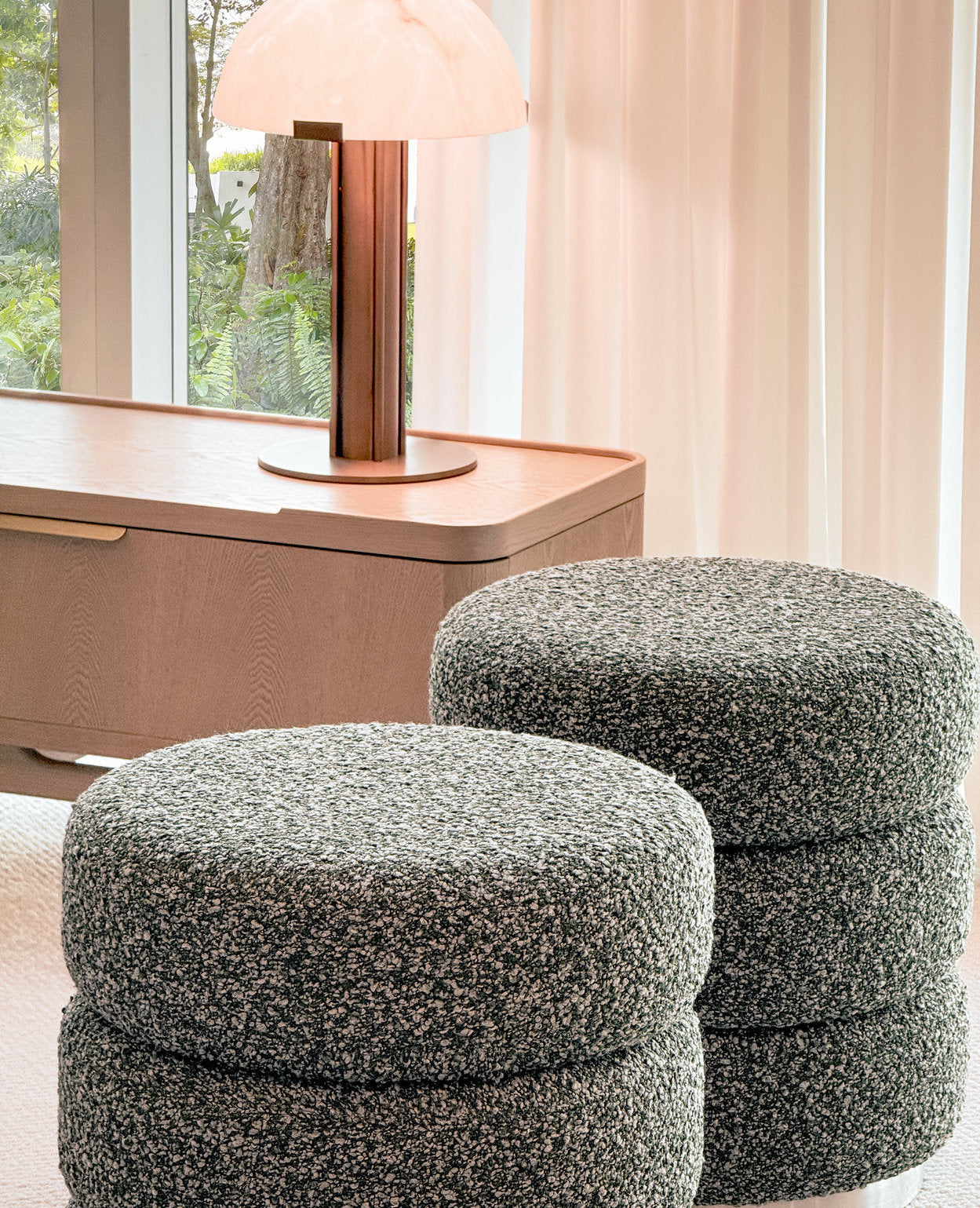 Ferris Pouf – Rainforest Green Bouclé with Brushed Steel Base