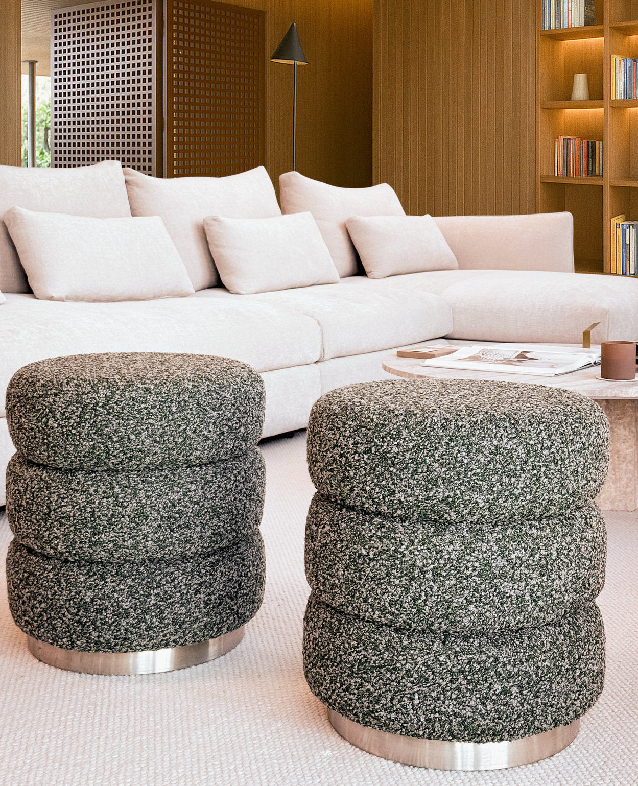 Ferris Pouf – Rainforest Green Bouclé with Brushed Steel Base