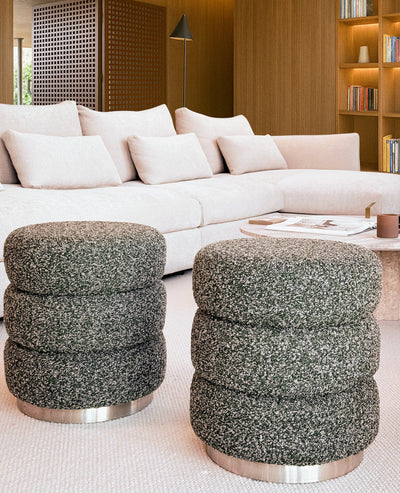 [NEW] Ferris Pouf – Rainforest Green Bouclé with Brushed Steel Base