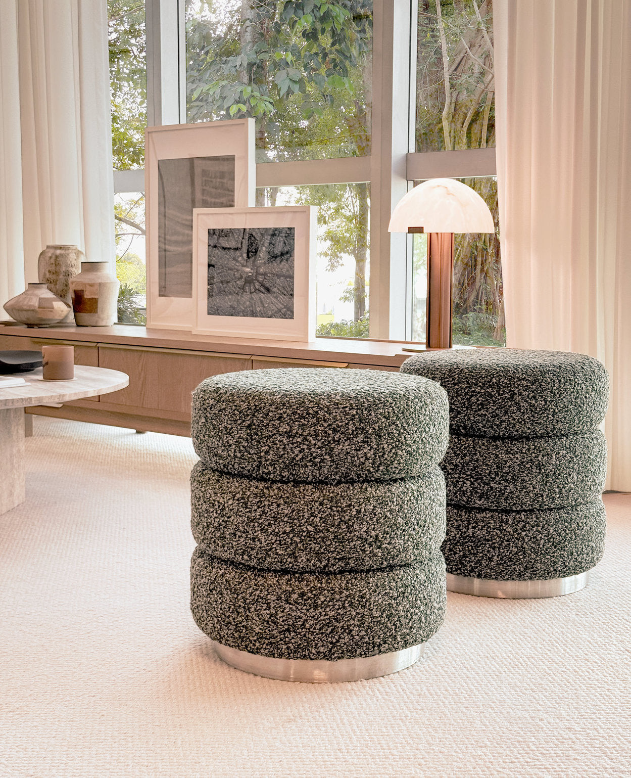 [NEW] Ferris Pouf – Rainforest Green Bouclé with Brushed Steel Base