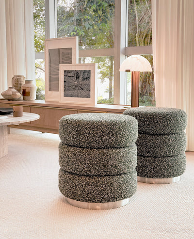 [NEW] Ferris Pouf – Rainforest Green Bouclé with Brushed Steel Base