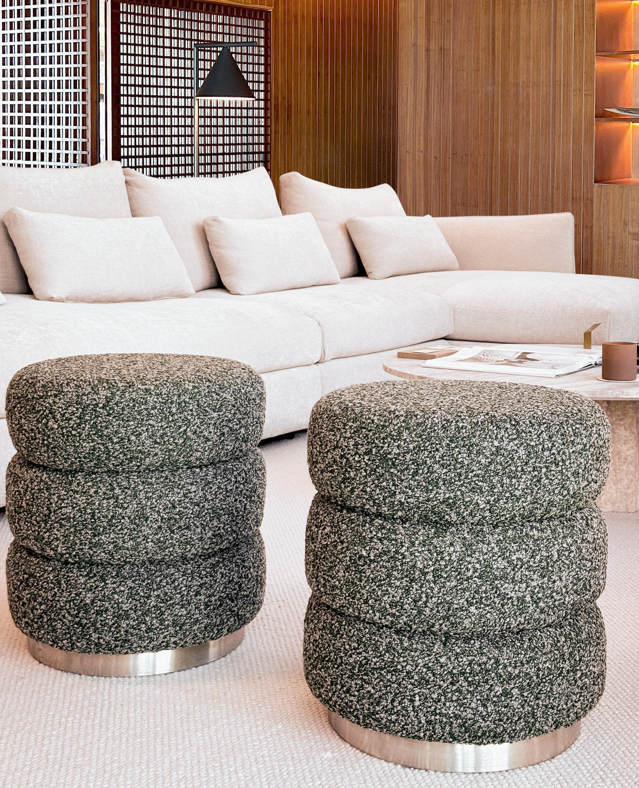 Ferris Pouf – Rainforest Green Bouclé with Brushed Steel Base