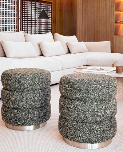 [NEW] Ferris Pouf – Rainforest Green Bouclé with Brushed Steel Base