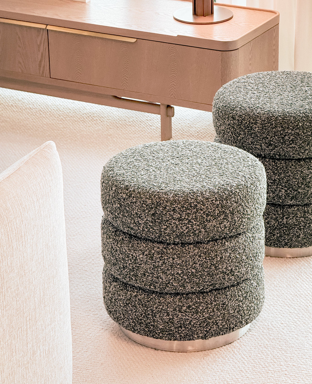 Ferris Pouf – Rainforest Green Bouclé with Brushed Steel Base