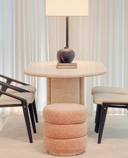 Ferris Pouf – Rose Blush Bouclé Pouf with Brushed Steel Base