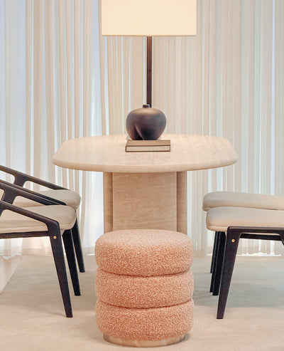 [NEW] Ferris Pouf – Rose Blush Bouclé Pouf with Brushed Steel Base