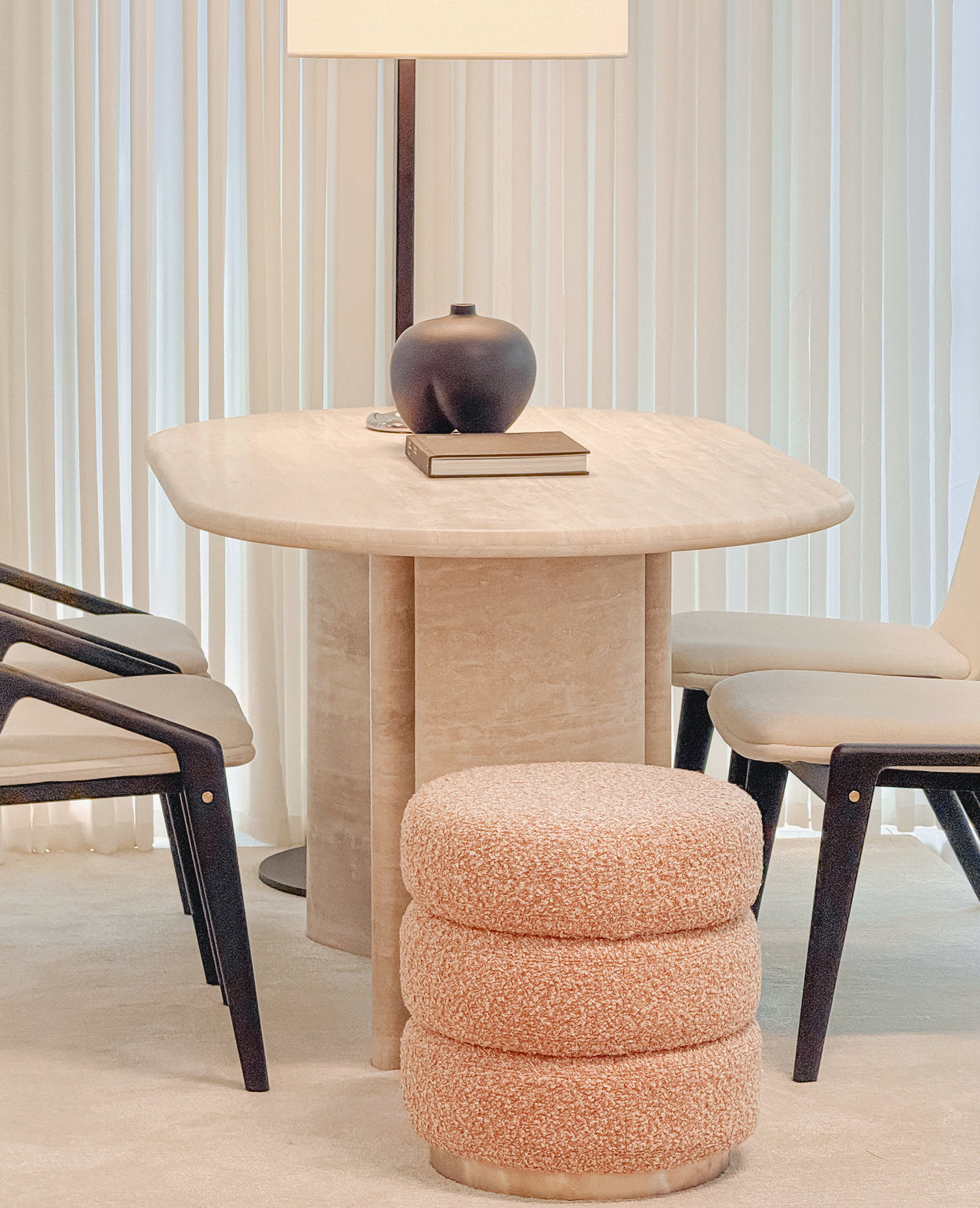 [NEW] Ferris Pouf – Rose Blush Bouclé Pouf with Brushed Steel Base