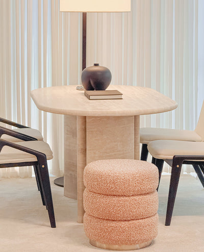 [NEW] Ferris Pouf – Rose Blush Bouclé Pouf with Brushed Steel Base