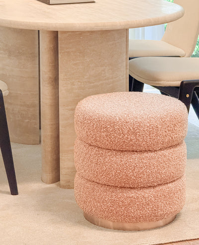 [NEW] Ferris Pouf – Rose Blush Bouclé Pouf with Brushed Steel Base