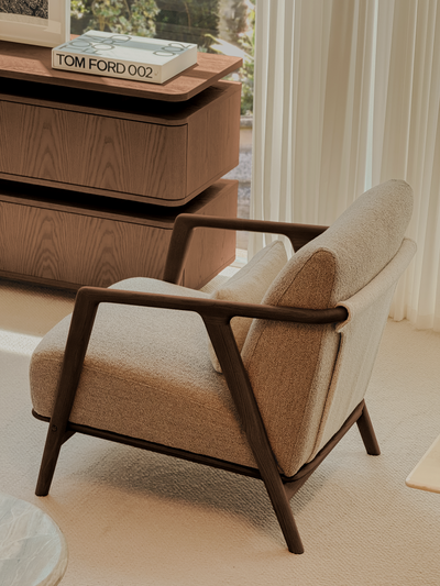 Connor Lounge Chair – Refined Comfort in Sculpted Wood (Walnut Frame)