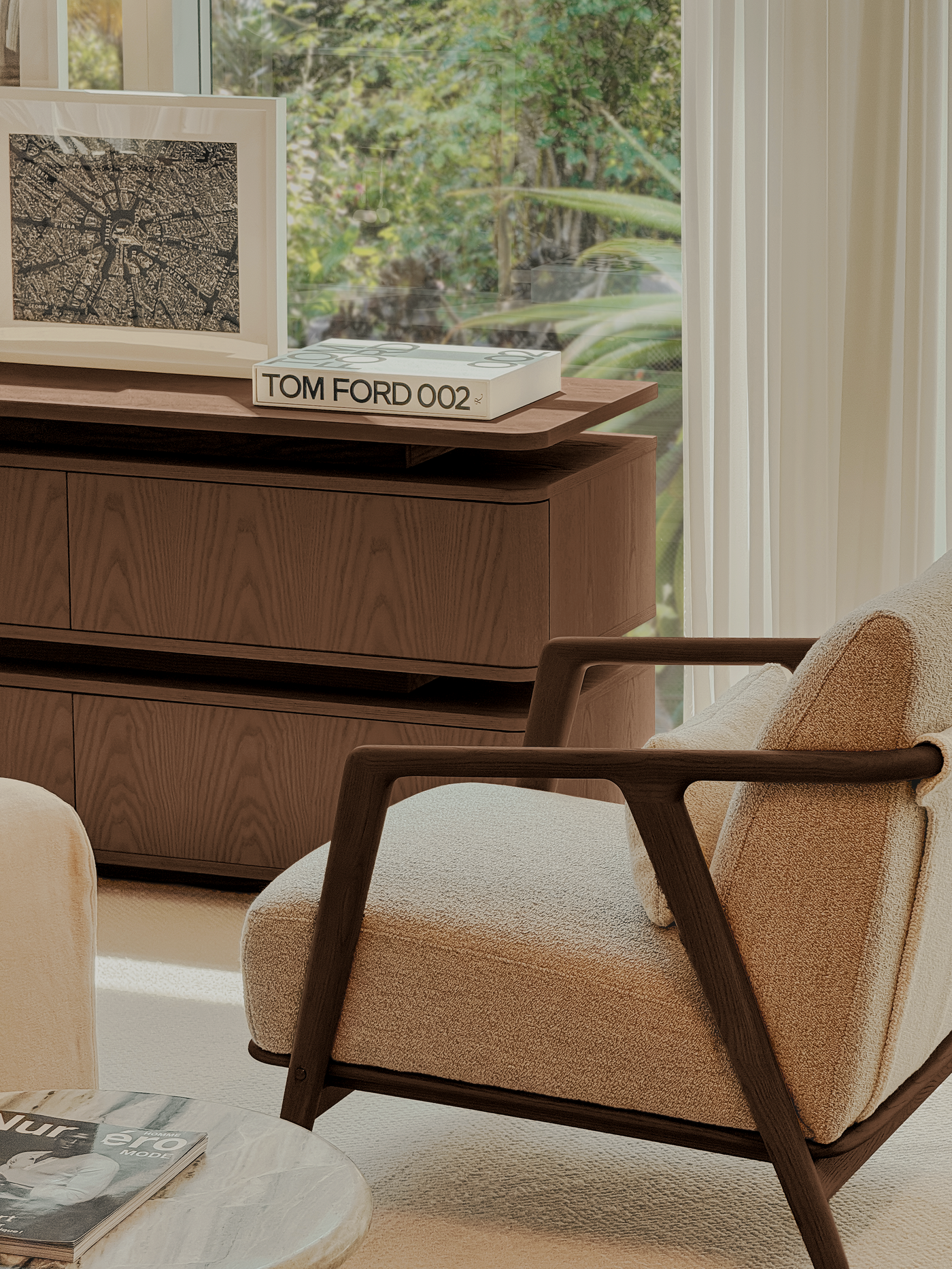 Connor Lounge Chair – Refined Comfort in Sculpted Wood (Walnut Frame)