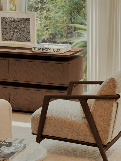 Connor Lounge Chair – Refined Comfort in Sculpted Wood (Walnut Frame)