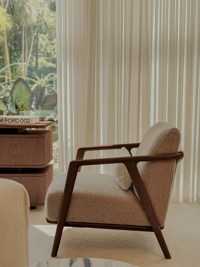 Connor Lounge Chair – Refined Comfort in Sculpted Wood (Walnut Frame)