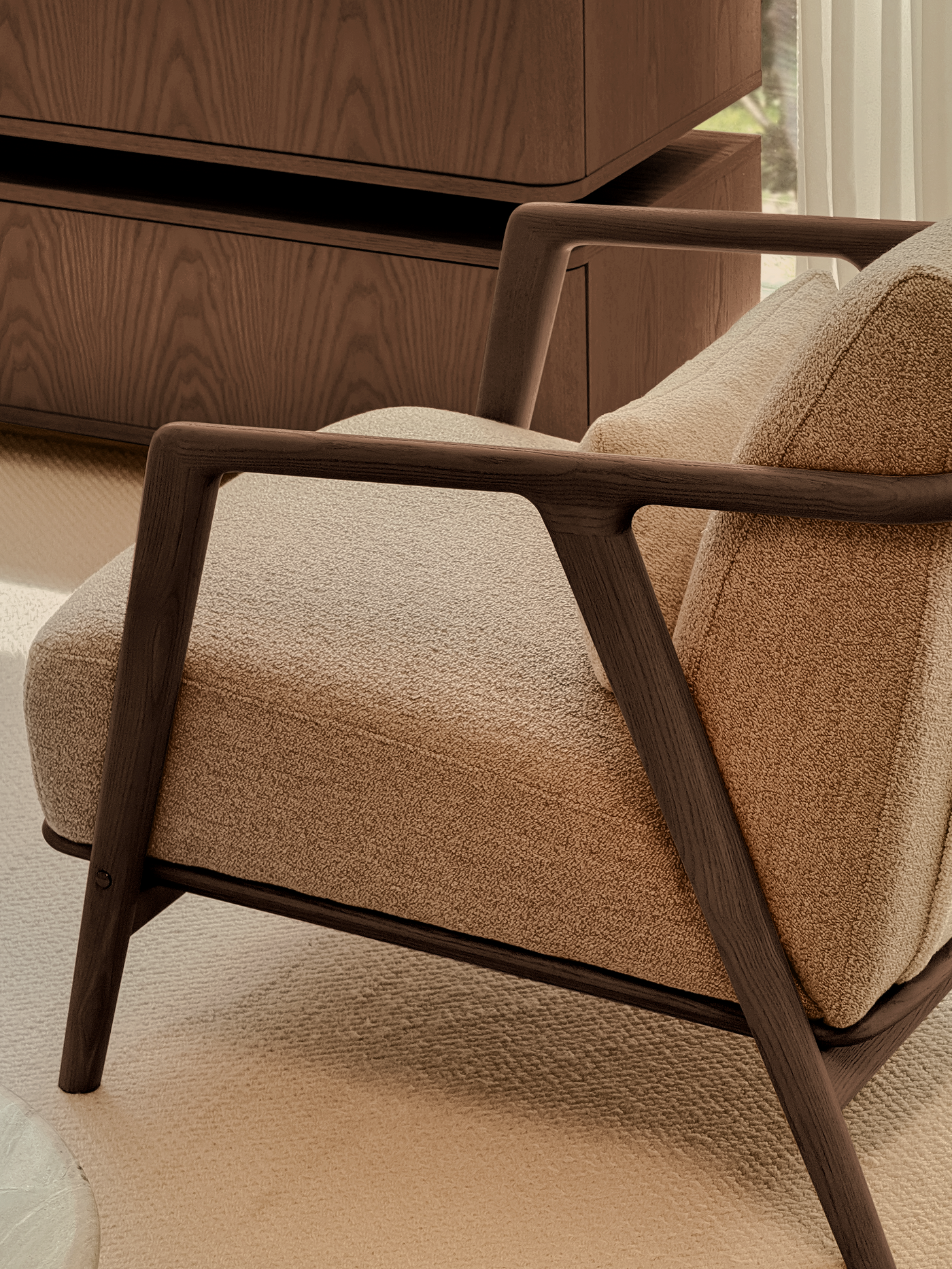 Connor Lounge Chair – Refined Comfort in Sculpted Wood (Walnut Frame)
