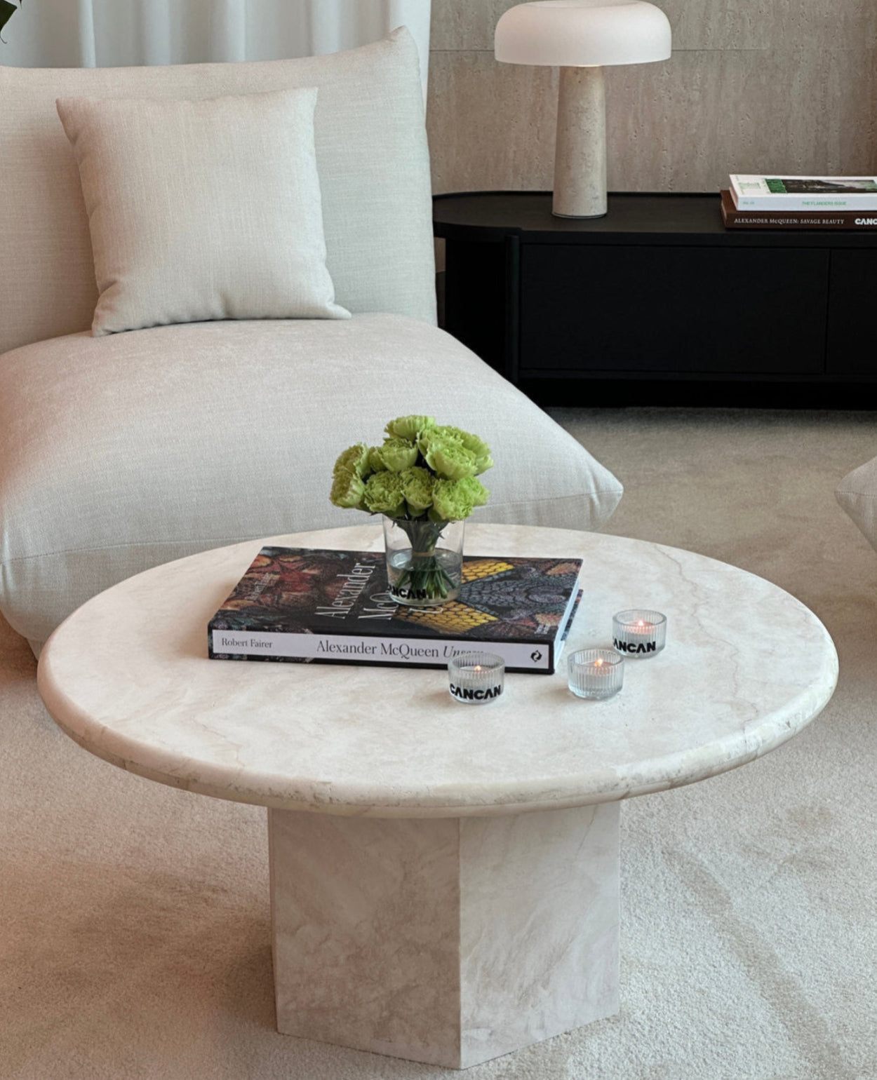 Gabrielle Travertine Round Coffee Table - Partially Filled