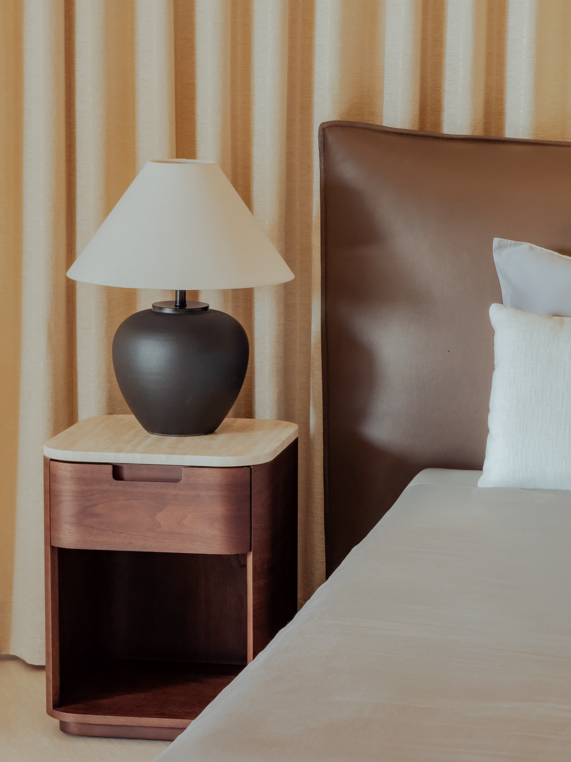 Kinsey Bed Side Table – Walnut with Italian Travertine Top
