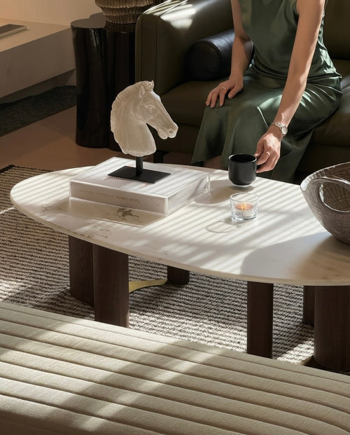 Eden Marble Coffee Table - White Jade Marble (Walnut)